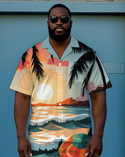 Big Men's Romantic Hawaiian Seaside Scenery Printed Cuban Collar Short Sleeve Shirt Shorts Set