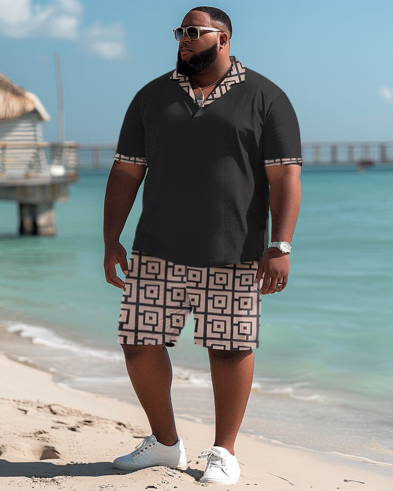 Big & Tall Men's Casual Simple Geometric Print Polo Shorts Set