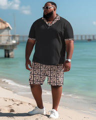 Big & Tall Men's Casual Simple Geometric Print Polo Shorts Set