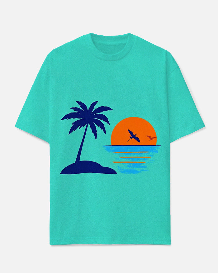 Men's Big Size Hawaiian Style Coconut Tree & Sunset Printed Casual Short Sleeve T-shirt