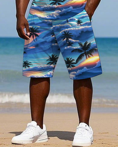 Big Men's Hawaiian Seaside Sunset Coconut Trees Printed Short Sleeve T-shirt and Shorts Set