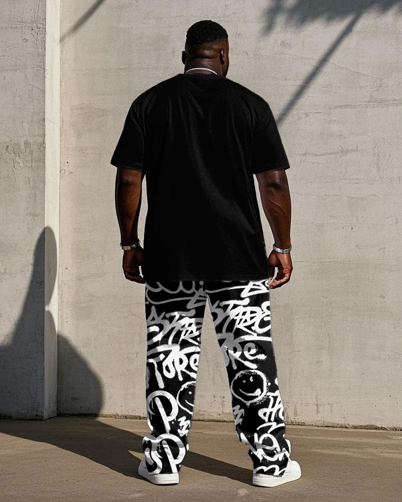 Men's Plus Size Street Fashion Question Mark Graffiti Style Short Sleeve T-Shirt Trousers Suit