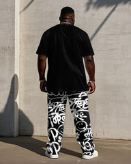 Men's Plus Size Street Fashion Question Mark Graffiti Style Short Sleeve T-Shirt Trousers Suit