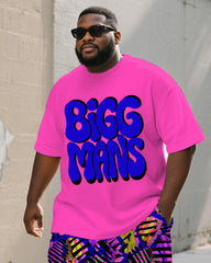 Men's Plus Size Street Graffiti Pink Fun BIGGMANS Letter Print Round Neck Short Sleeve T-Shirt Shorts Suit