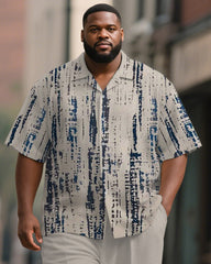 Men's Plus Size Simple Grey Abstract Stroke Print Short-sleeved Shirt Trousers Suit
