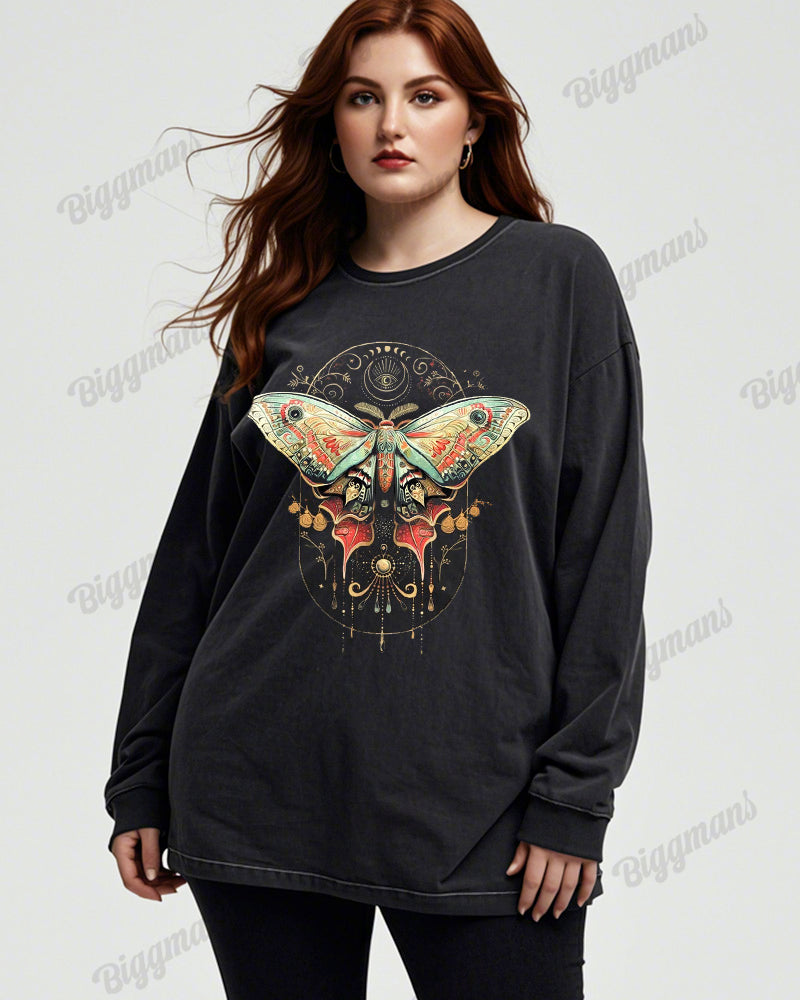 Butterfly Flower Print Wash Cotton Round Neck Long Sleeve Plus Size Top