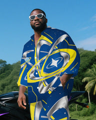 Big Guy's Daily Casual Abstract Planet Orbit Printed Long Sleeve Shirt and Pants Set