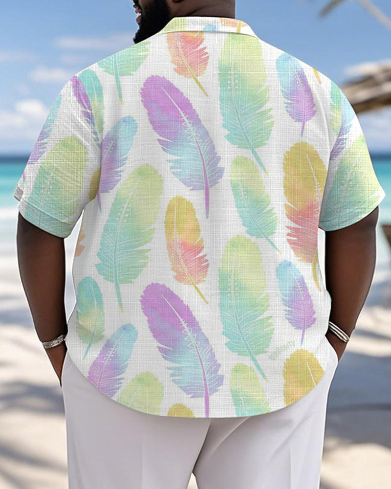 Men's Plus Size Hawaiian Colorful Feather Print Short Sleeve Slub Shirt