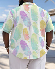 Men's Plus Size Hawaiian Colorful Feather Print Short Sleeve Slub Shirt
