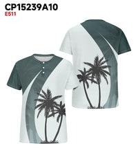 Men's Plus Size Daily Casual Green Colorblock Coconut Tree Print Henry Collar Button Short Sleeve T-Shirt