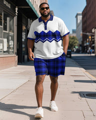Big & Tall Men's Business Brown Colorblock Check Print Short Sleeve Polo Shirt Shorts Suit