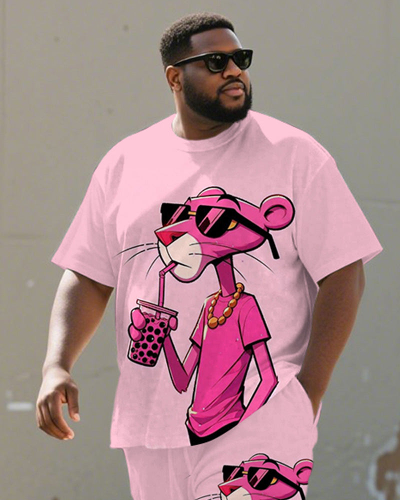 Men's Plus Size Pink Cartoon Animal Drinking Milk Tea Printed Short-sleeved T-shirt Shorts Suit