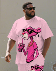Men's Plus Size Pink Cartoon Animal Drinking Milk Tea Printed Short-sleeved T-shirt Shorts Suit