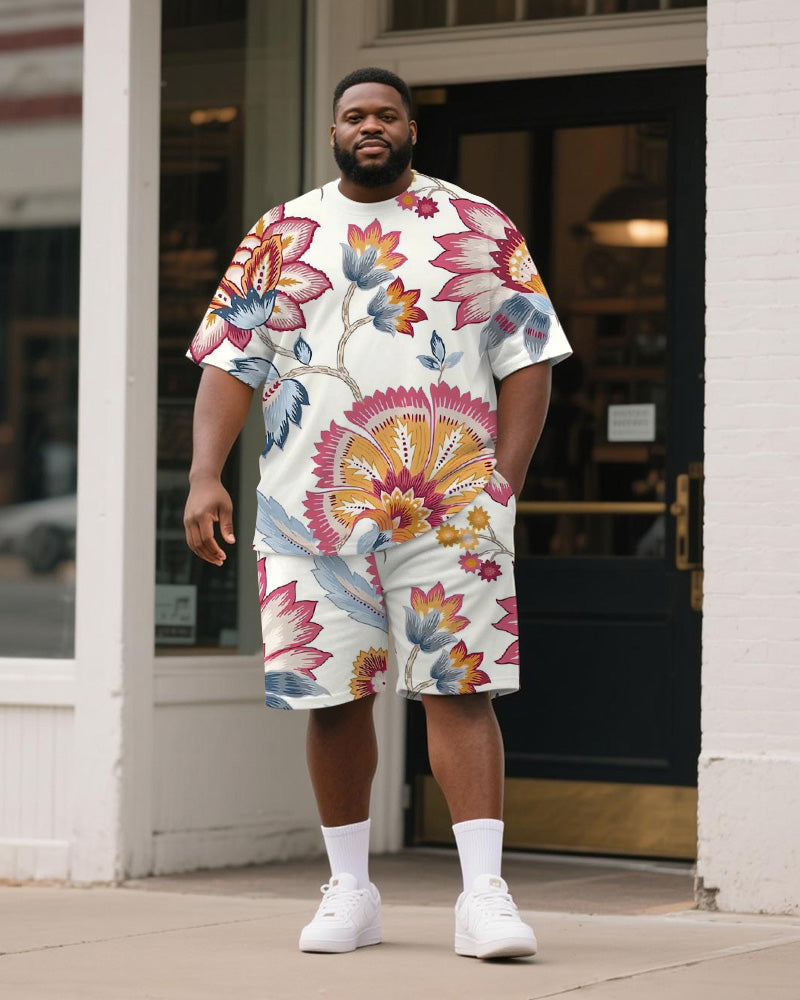 Big & Tall Men's White Floral Print Round Neck Short Sleeve T-Shirt Shorts Suit