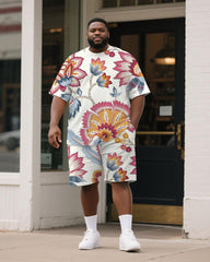 Big & Tall Men's White Floral Print Round Neck Short Sleeve T-Shirt Shorts Suit