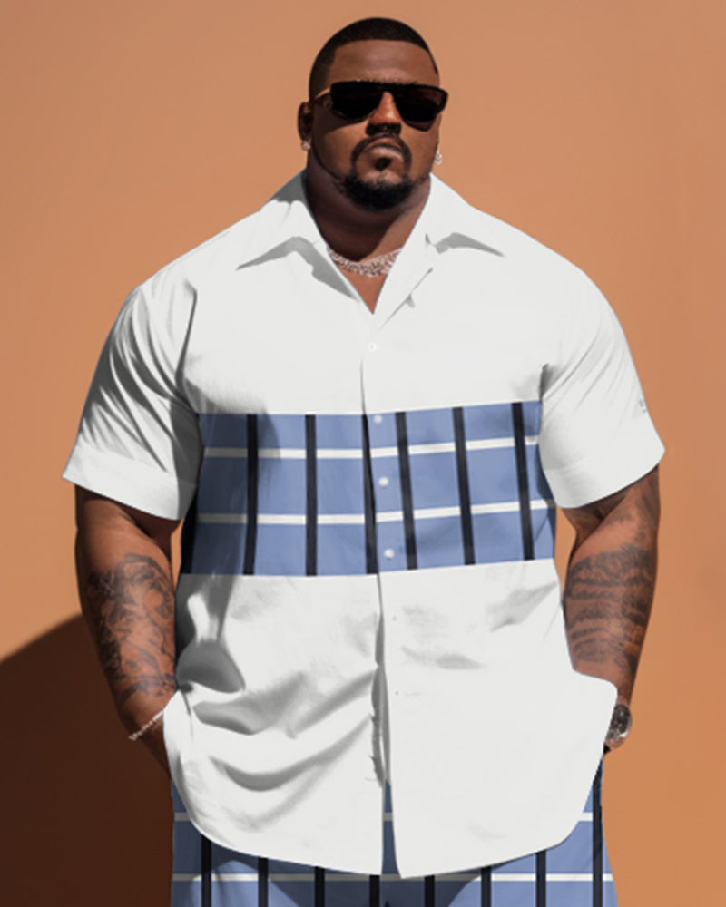 Big Men's Simple Patchwork Plaid Short-Sleeved Shirt And Shorts Set
