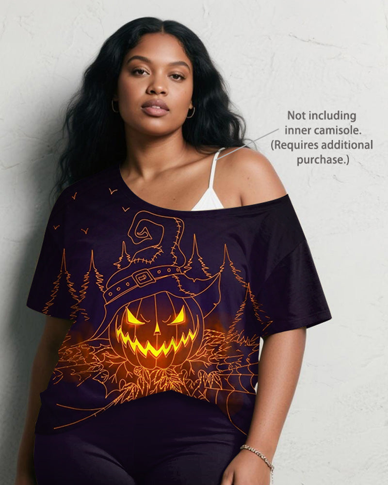 Women's Big & Tall Halloween Purple Pumpkin Graffiti Print Short Sleeve Shorts Suit