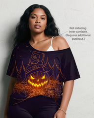 Women's Big & Tall Halloween Purple Pumpkin Graffiti Print Short Sleeve Shorts Suit
