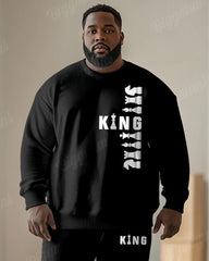 Men's Simple Chess Black King Letter Print Plus Size Round Neck Sweatshirt Suit
