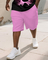 Men's Plus Size Black Powder Panic Cartoon Print Short Sleeve T-shirt Shorts Suit