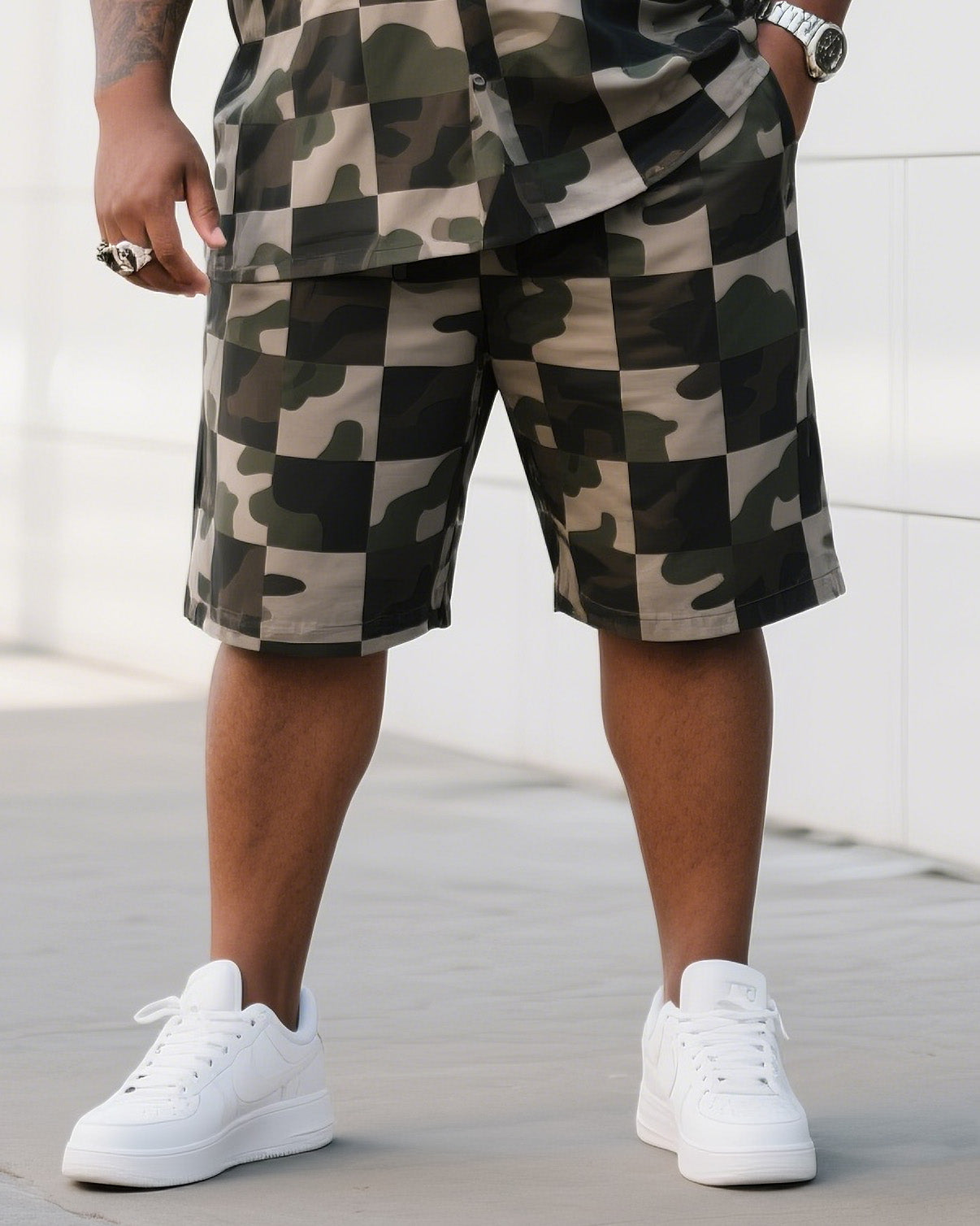 Big Man's Daily Leisure Outdoor Activities Square Irregular Creative Camouflage Short Sleeve Shirt Shorts Suit