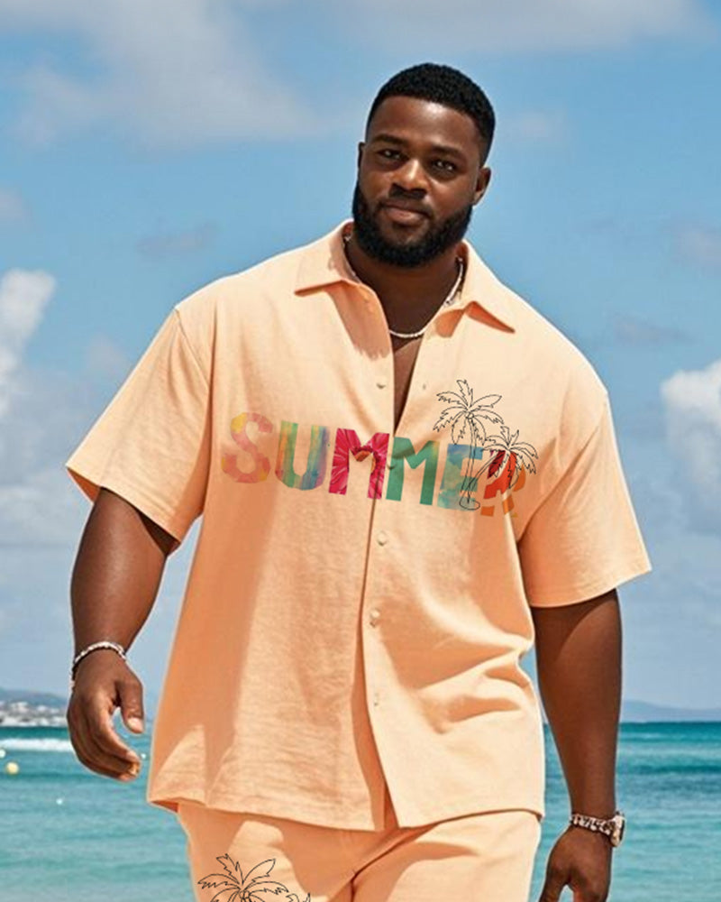 Big & Tall Men's Hawaiian Orange Summer Coconut Print Shirt Shorts Suit