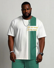 Men's Plus Size White & Blue Colorblock Printed Chest Short-sleeved T-shirt Trousers Suit