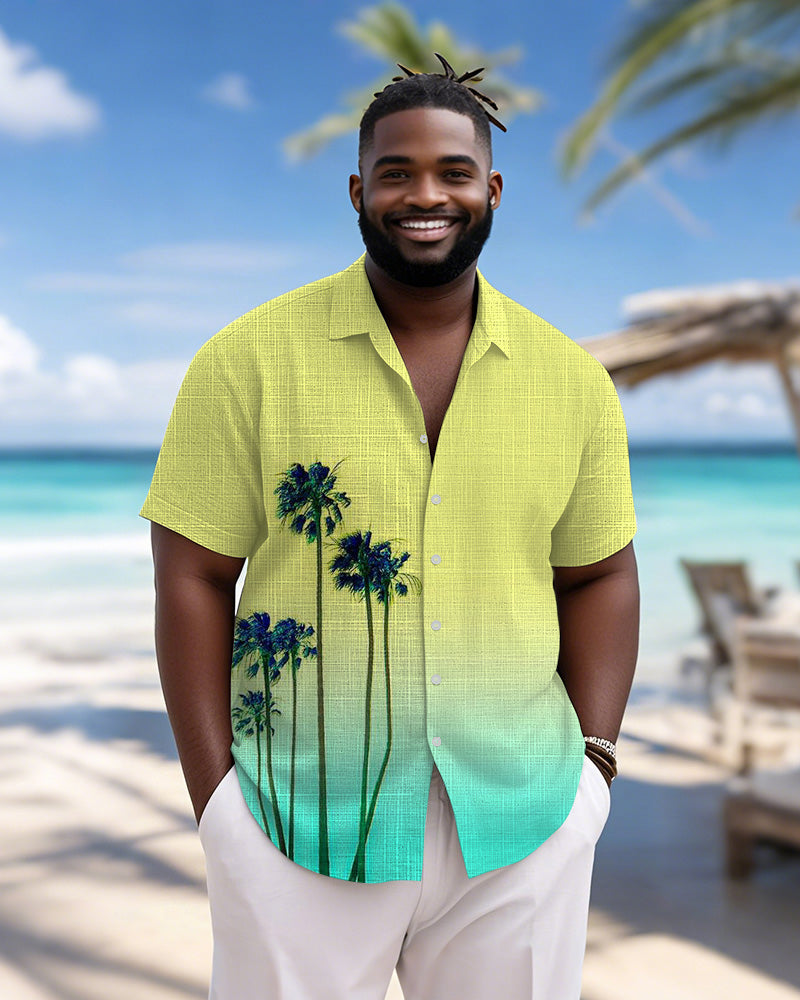 Men's Plus Size Hawaiian Gradient Coconut Tree Print Short Sleeve Slub Shirt