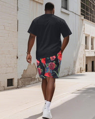 Men's Plus Size Street Dark Blue Patchwork Graffiti Floral Print Round Neck Short Sleeve T-Shirt Shorts Suit