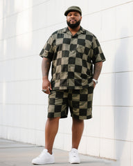 Big Men's Daily Casual Checkerboard Square Short Sleeve Shirt Shorts Suit
