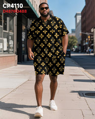 Big & Tall Men's Business Black And Yellow Color Block Diamond Printed Short Sleeve Polo Shirt Shorts Suit