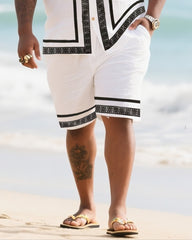 Big Men's Vacation Casual Bohemian Style Black Double Striped Edge Textured White Short Sleeve Shirt Shorts Suit