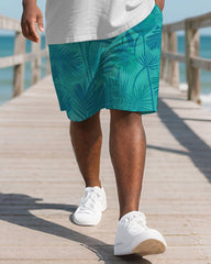 Men's Plus Size Hawaiian Coconut Leaf Patchwork Printed Henry Collar Short Sleeve T-Shirt Shorts Suit