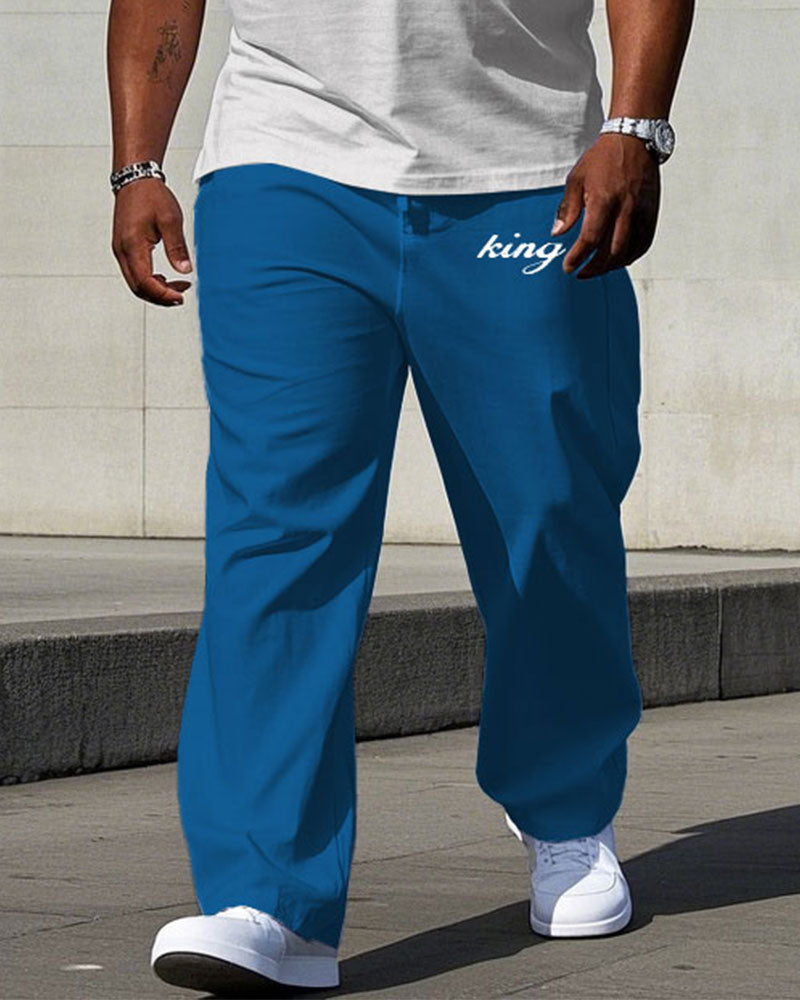 Men's Plus Size Street Blue & White Chest Color "king" Slogan Printed Short-sleeved T-shirt Pants Suit