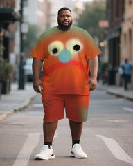 Big & Tall Men's Orange Emoji Graffiti Print Round Neck Short Sleeve T-Shirt Shorts Suit