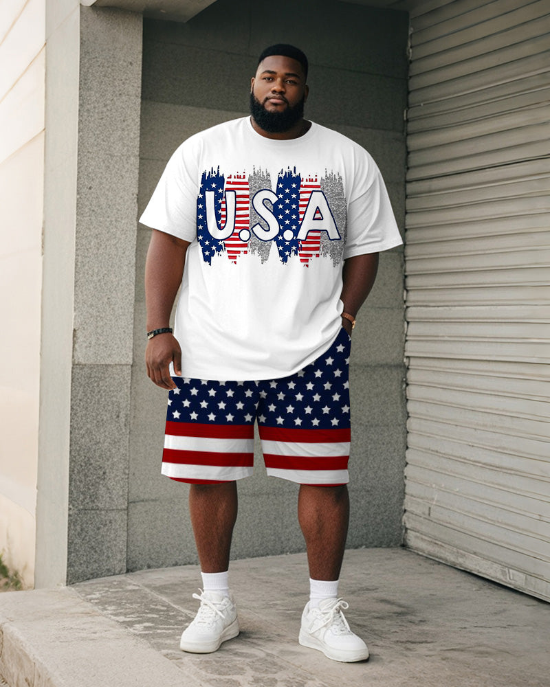 Men's Plus Size Independence Day Letter Print Round Neck Short Sleeve T-Shirt Shorts Suit