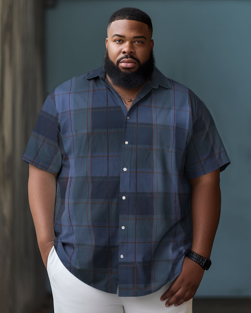Men's Large Size Business Plaid Color Block Button-down Short Sleeve Shirt