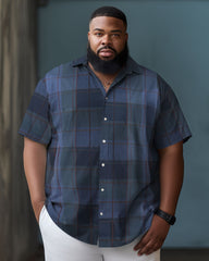 Men's Large Size Business Plaid Color Block Button-down Short Sleeve Shirt