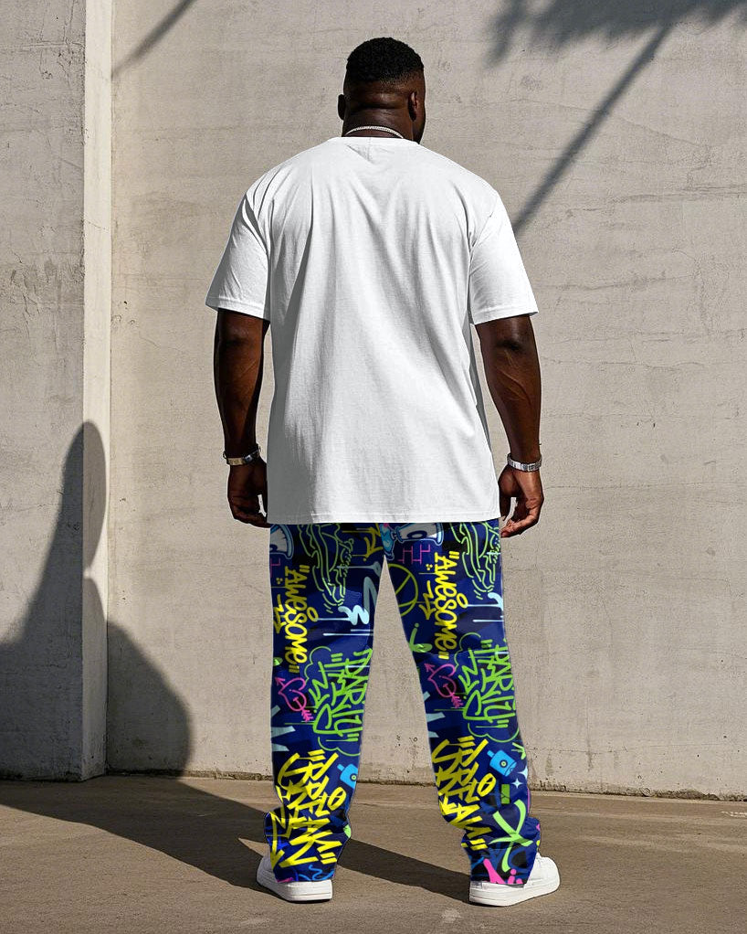 Men's Big & Tall Street Graffiti Design "A" 3D Gradient Printing Short-sleeved T-shirt Trousers Set