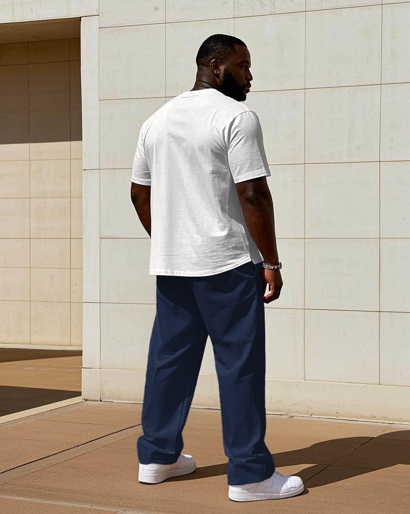 Men's Big & Tall White & Royal Blue Simple Colorblock Alphabet Print Short-sleeved T-shirt Trousers Set