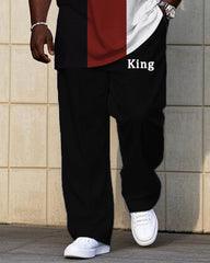 Men's Plus Size Casual Fashion Red & Black & White Thick Stripe Color-matching Chest Small Label Printed Short-sleeved T-shirt Trousers Suit