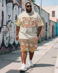 Men's Plus Size Street Graffiti Floral Alphabet Print Round Neck Short Sleeve T-Shirt Shorts Suit
