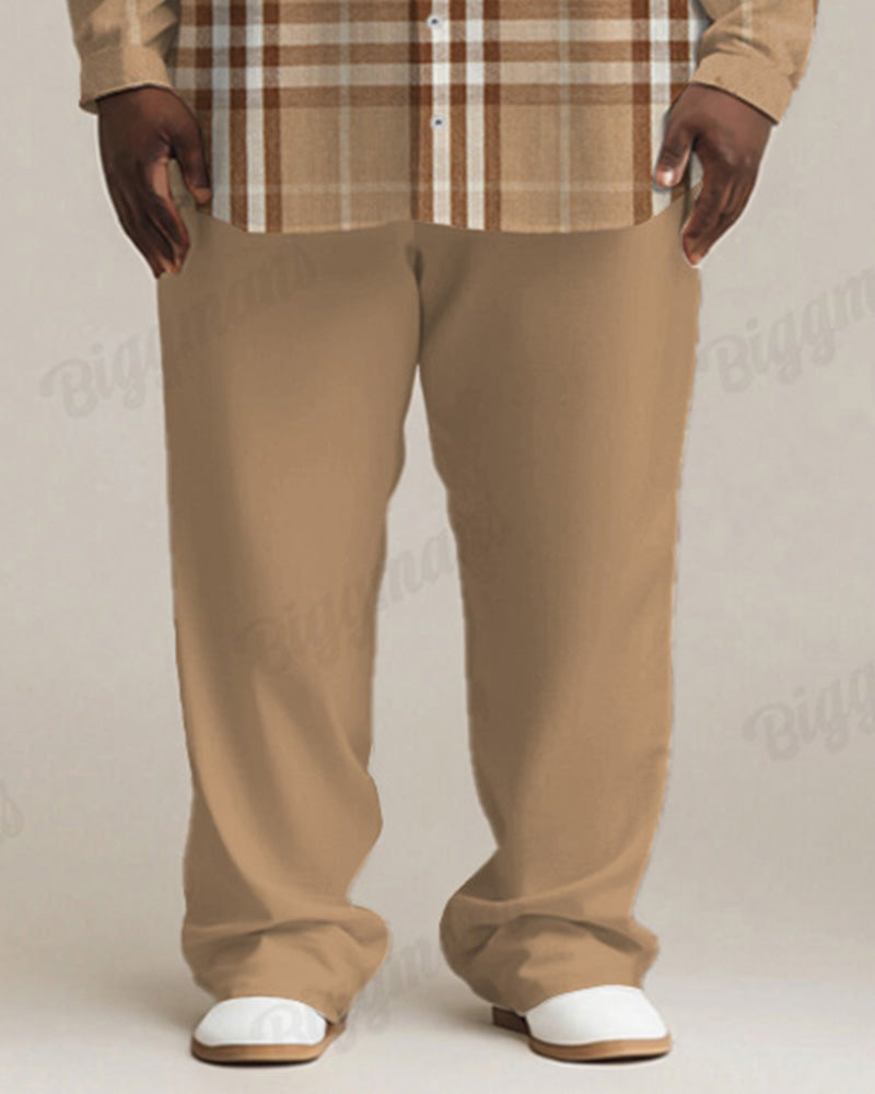 Men's Plus Size Daily Casual Classic Khaki Plaid Long Sleeve Shirt Trousers Suit