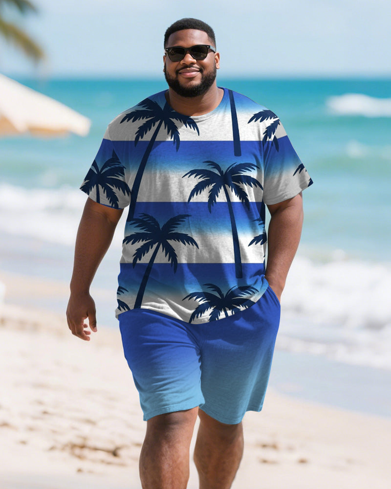 Men's Plus Size Blue Coconut Tree Gradient Stripe Print Round Neck Short Sleeve T-Shirt Shorts Suit