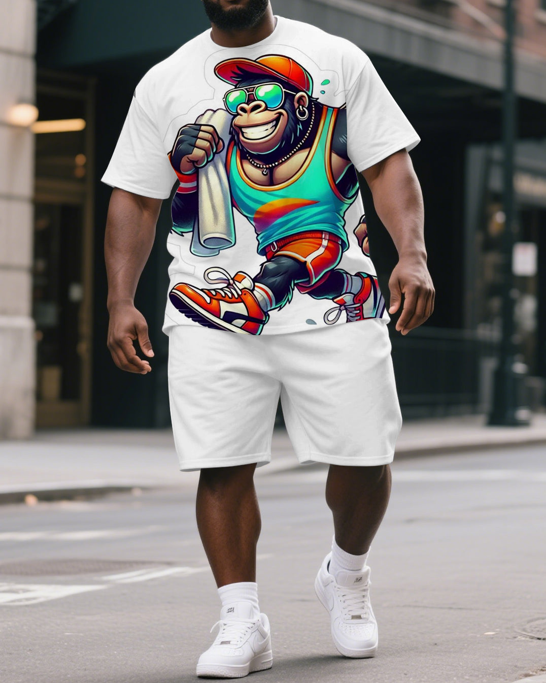 Big & Tall Men's Street Fashion Cool Gorillas in Tank Print Short-Sleeved T-shirt and Short Set