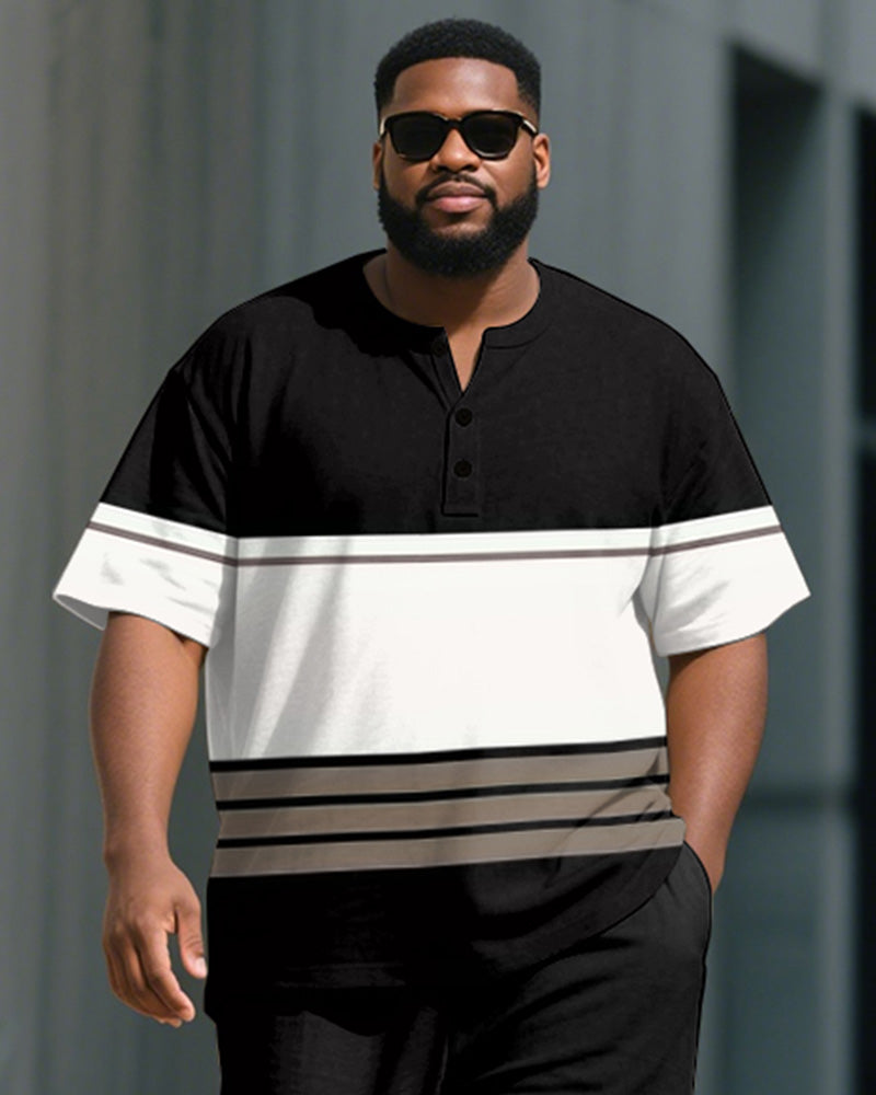 Men's Plus Size Black And White Color-block Line Print Henry Collar T-shirt Trousers Suit