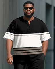 Men's Plus Size Black And White Color-block Line Print Henry Collar T-shirt Trousers Suit