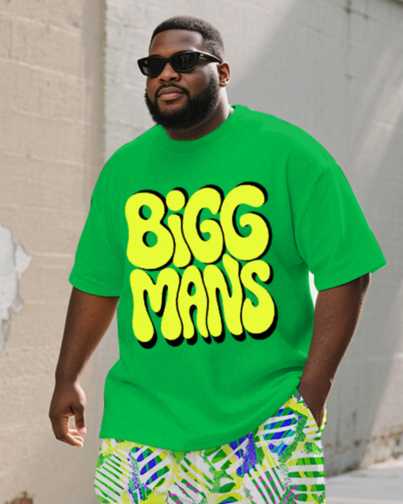 Men's Plus Size Street Graffiti Green Fun BIGGMANS Letter Print Round Neck Short Sleeve T-Shirt Shorts Suit