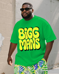 Men's Plus Size Street Graffiti Green Fun BIGGMANS Letter Print Round Neck Short Sleeve T-Shirt Shorts Suit