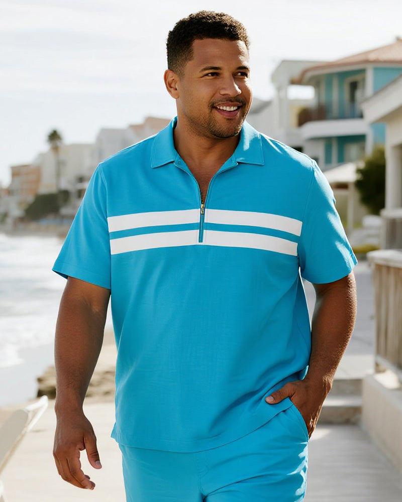 Big & Tall Men's Business Blue Stripe Print Short Sleeve Zip Polo Shirt Shorts Suit